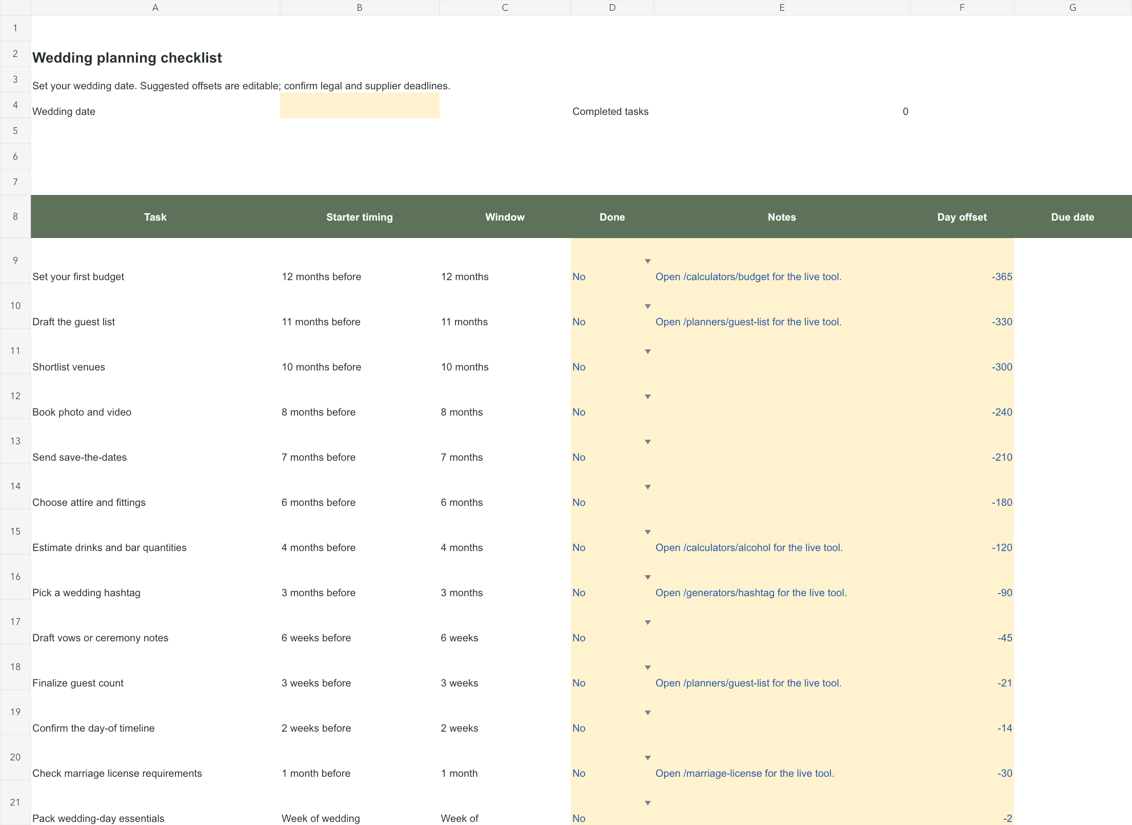 Preview of the checklist template workbook with input cells and calculated columns
