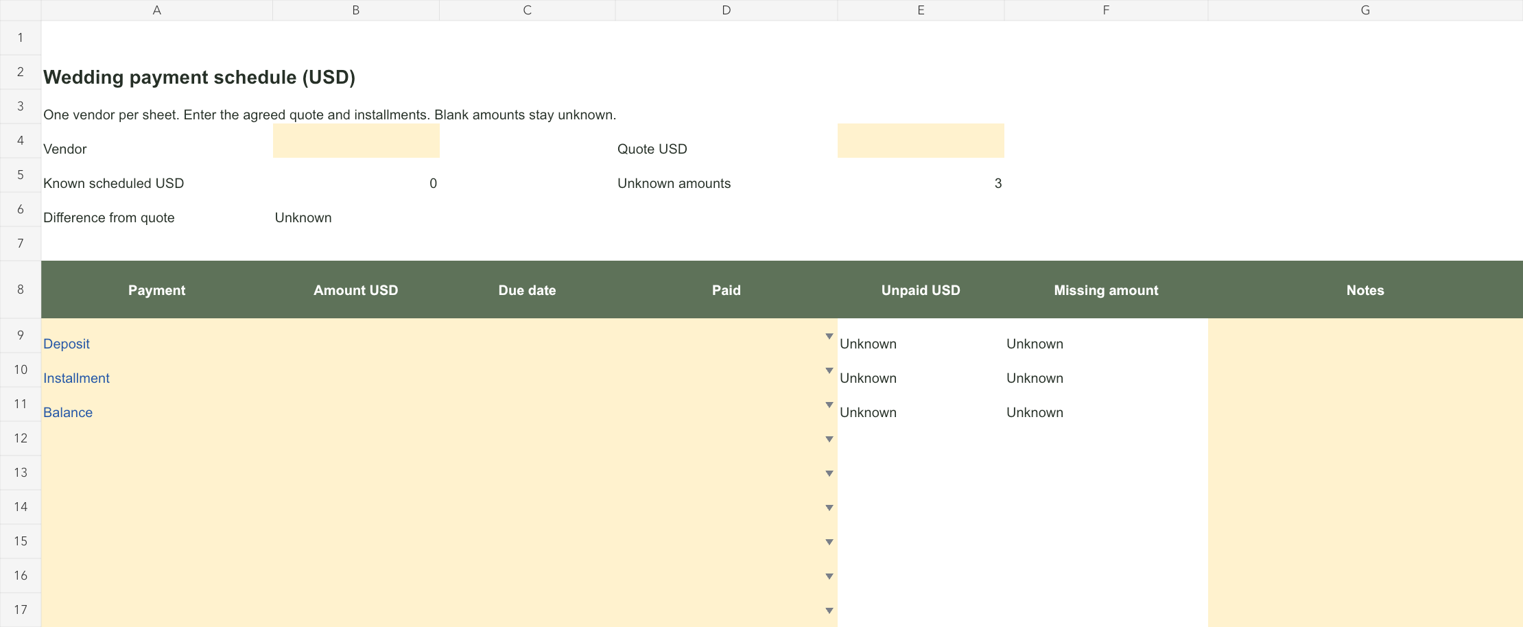 Preview of the wedding payment schedule workbook with input cells and calculated columns