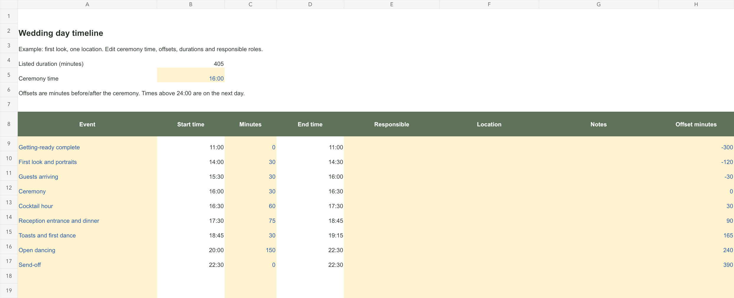 Preview of the wedding day timeline workbook with input cells and calculated columns